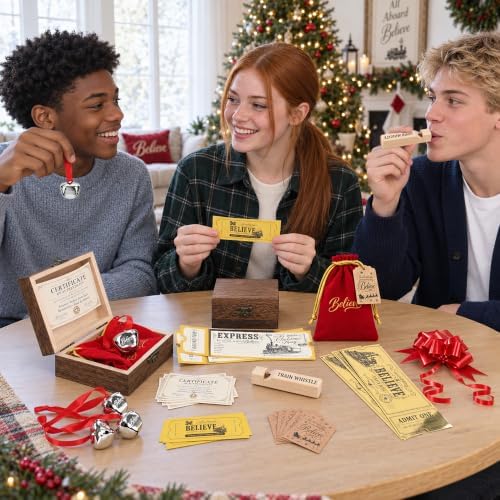 54 Pcs Christmas Believe Bell Golden Ticket Gifts Set Xmas Tree Ornaments