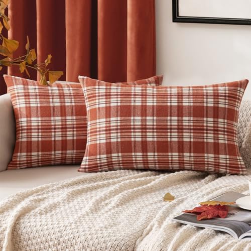 MIULEE Fall Plaid Pillow Covers Scottish Tartan 12x20 Rust Orange