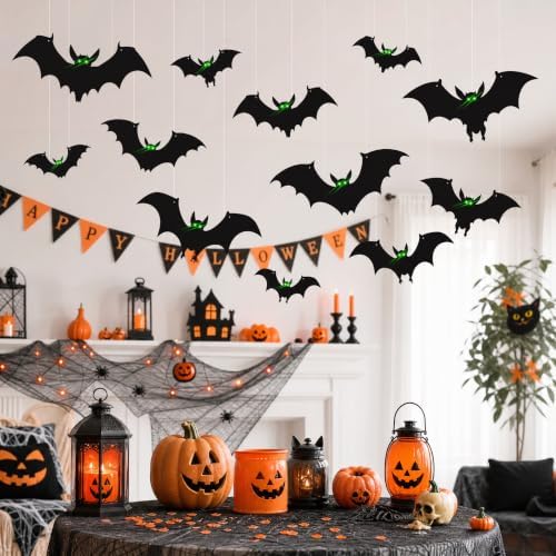 sewrung 12 Pcs Hanging Bats Halloween Decorations Outdoor - Large Flying Plastic Bats Outside Decor - 3 Different Sizes - Glow in Dark Eyes for Hanging in The Tree, Porch, Yard, Lawn, Indoor
