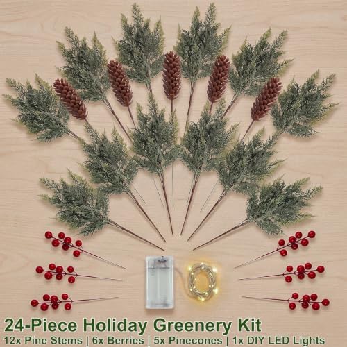 24 Piece Set: 12Pcs Christmas Cedar Branches with LED Lights, Red Berries