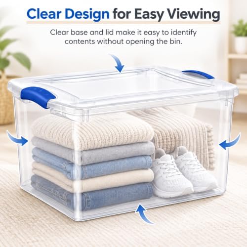 Storage Bin 66 Qt 4-Pack, Clear Latching Plastic Tote Blue
