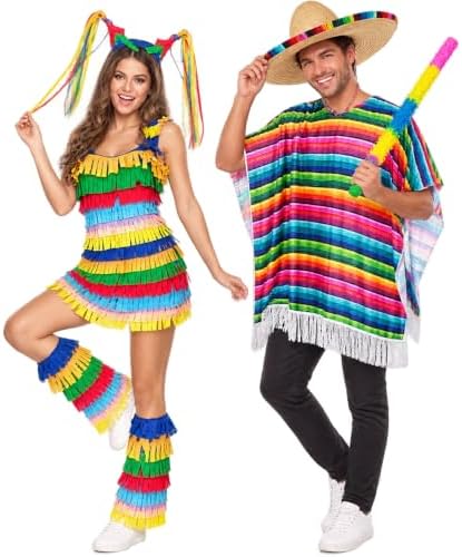 6 Pcs Halloween Pinata Couple Costume Set Costumes Mexican Cinco De Mayo Outfit for Couple Fiesta Dress Cosplay