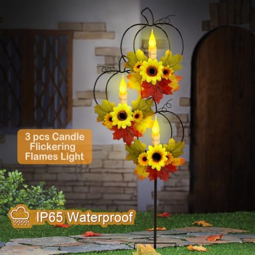 Thanksgiving Solar Lights Outdoor,Metal Trio Pumpkin LED Candles Yard Decor