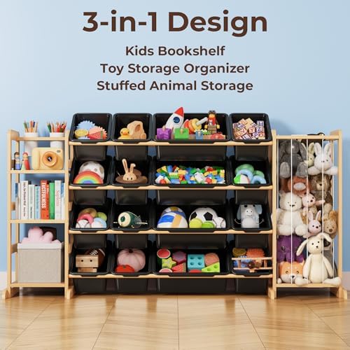 Toy Storage Organizer with Bookshelf and Stuffed Animal Storage - Kids Playroom Organization with 3 Shelves and 16 Toy Bins - Toddler Living Room Toy Box for Lego - Nursery Bedroom Decor Essential