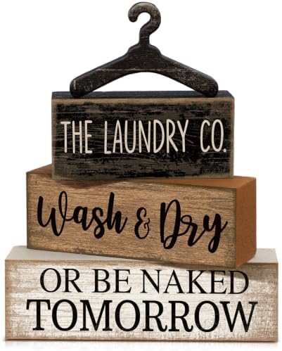 Moucuny 4 Pcs Farmhouse Laundry Room Decor Stacked Blocks Rustic Home Decor