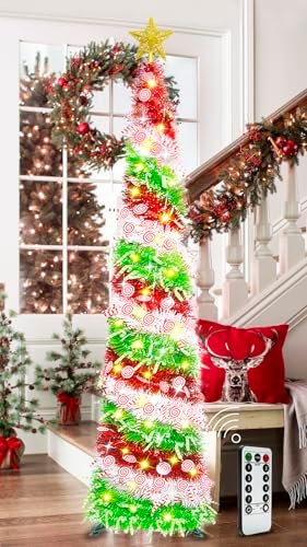 HISFFOG 5FT Pop Up Christmas Tree with 8 Rmote Lights Modes - 3 Color Sequin Tinsel Christmas Tree, Collapsible Artificial Pencil Christmas Trees Decorations for Home, Apartment, Office, Party