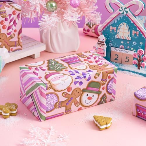 WRAPAHOLIC 30 Inch Reversible Gingerbread Christmas Wrapping Paper - 30 Inch x 33 Feet - Pink Purple Stripes and Gingerbread Wrapping Paper for Xmas Holiday, Party Celebration