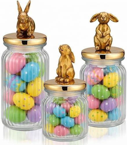 Mimorou 3 Set Easter Cookie Jar with Ceramic Bunny Lid 44oz 33oz 22oz Glass Candy Jar Food Storage Canister with Airtight Gold Lid for Easter Party Spring Tea Table Decoration