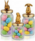 Mimorou 3 Set Easter Cookie Jar with Ceramic Bunny Lid 44oz 33oz 22oz Glass Candy Jar Food Storage Canister with Airtight Gold Lid for Easter Party Spring Tea Table Decoration