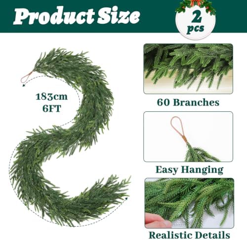 TOWPONICS 2Pcs 6FT Christmas Garland, Norfolk Pine Garland for Mantle Decor