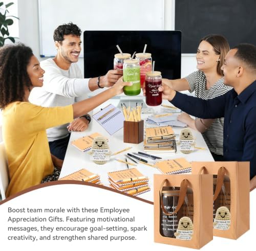 84 Pcs/12 Sets Employee Appreciation Gifts Bulk - Includes 16oz Glass Cups with Bamboo Lid, Positive Crochet, Inspirational Notebooks with Pens, Kraft Paper Gift Bags & Straw - Thank You Gifts for Coworkers, Teachers, Staff & Team