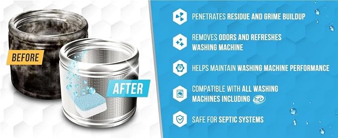 Washing Machine Cleaner Descaler 12 Pack - Deep Cleaning Tablets For HE Front Loader & Top Load Washer, Septic Safe Eco-Friendly Deodorizer, Clean Inside Drum and Laundry Tub Seal - 12 Month Supply(3C