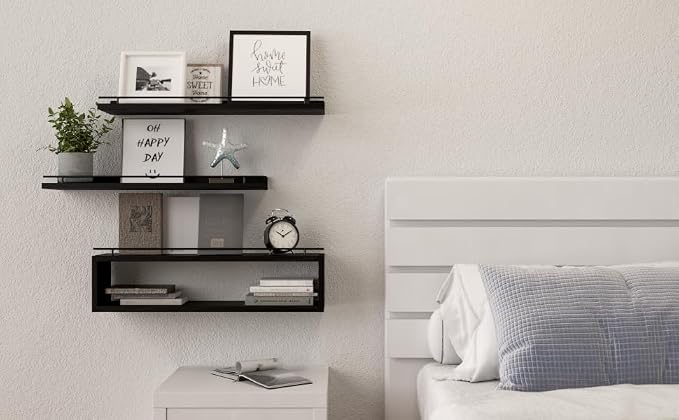 WOPITUES Floating Shelves for Wall 24 inch with Cube Shelf, Wall Shelves with Metal Rail for Decor, Bathroom Organizers and Storage, Over Toilet Shelves for Bathroom, Toilet Paper-Black