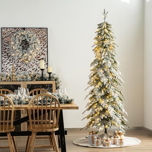 Glitzhome 7.5ft Prelit Christmas Tree, Artificial Christmas Tree with 350 Warm White Lights, Flocked Pencil Christmas Trees Chicago Frostwood Spruce with 1,211 PE&PVC Branch Tips,Sturdy Metal Stand