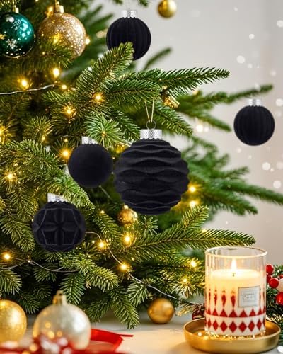 Black Velvet Christmas Ball Ornaments-46pcs Flocked Xmas Tree Decorations