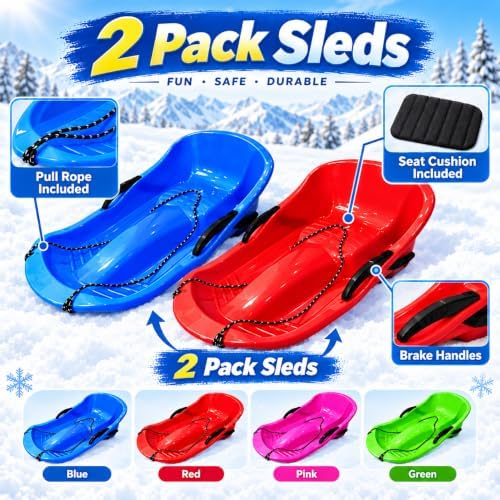 2 Pack Snow Sleds 89 x 45 x 26 cm, Plastic Toboggan Sleds with Brake Handles, Pull Ropes and Seat Cushions, High Back Snow Sled for Winter Outdoor Sliding, Blue Pink Red Green