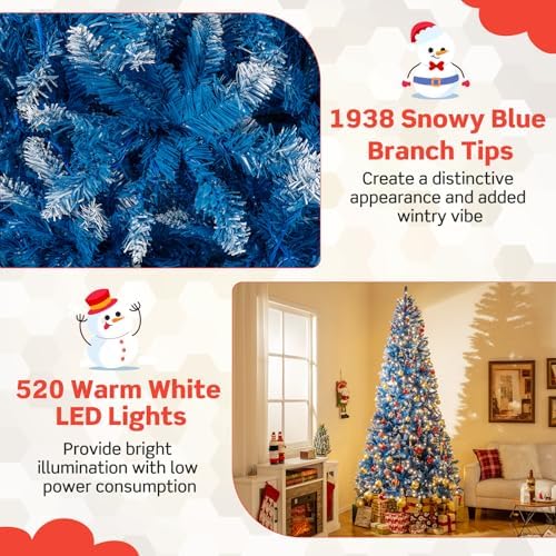 HAPPYGRILL 9 FT Pre-lit Christmas Tree Blue Hinged Artificial Xmas Tree with 520 Warm White LED Lights, 8 Modes, 1938 Frosted Branch Tips, Folding Metal Base, for Home Party Holiday