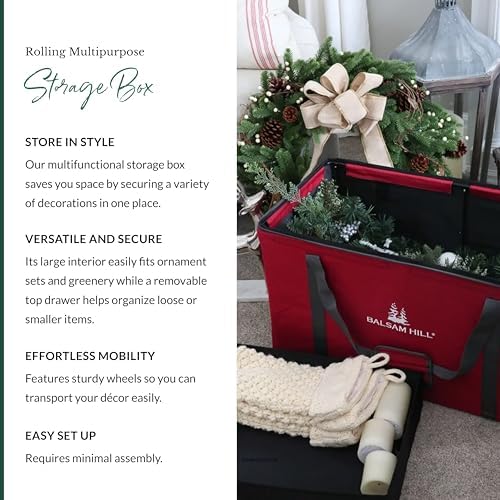 Balsam Hill Rolling Multipurpose Storage Box - Premium Christmas Ornament Storage with Removable Drawers and Wheels for Holiday Decoration Organization