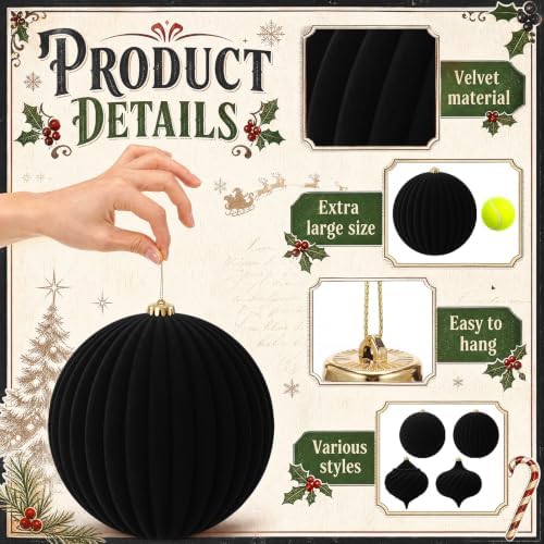 Civaner 4 Pcs Large Velvet Christmas Ball,8 Inch,Black