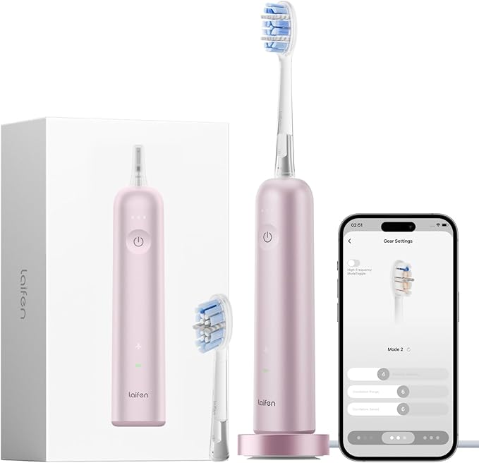 Laifen Wave Pro Sonic Toothbrush, 60° Oscillation & Pressure Sensor, Pink | Aluminum Material, APP Connectivity, 2 Replacement Brush Heads, 70-Day Battery, Travel Friendly, Wireless Charging, Easy Grip