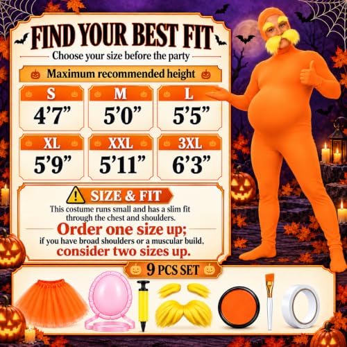 9Pcs Orange Jumpsuit Costume Accessories with Tutu Skirt,Fake Belly,Mustache,Eyebrows,Face Paint for The Halloween