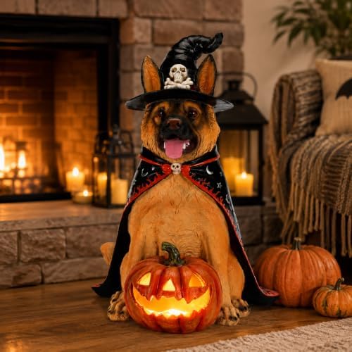 Halloween Large German Shepherd Statue with Glowing Pumpkin, Entrance Decor