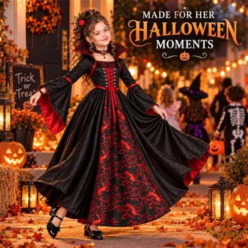 Girls Vampire Costume, Vampiress Dress with Headpiece, Necklace and Bracelet, Halloween Cosplay Outfit for Kids