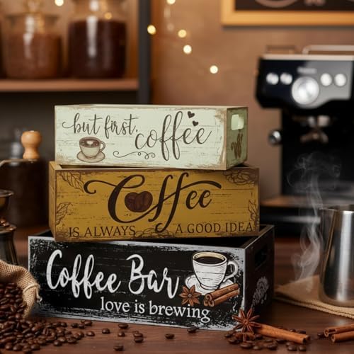 3 Pcs Christmas Wood Crate with Words Coffee Bar Love Is Brewing