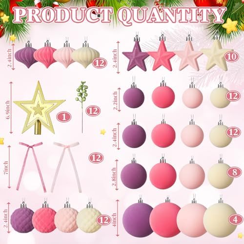 Hollowfly 95 PCS Velvet Christmas Tree Decor Set, Pink, Beige