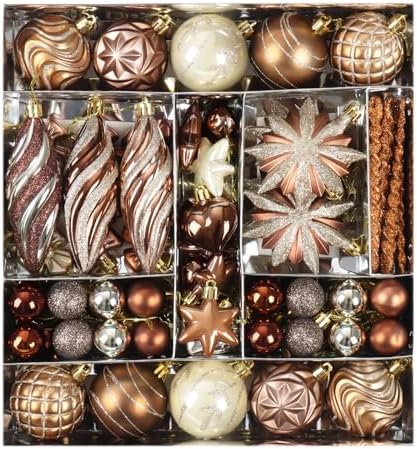82Pcs Bronze Copper Fall Ornaments for Tree Set, Shatterproof Brown and Gold Christmas Tree Decorations for Home Assorted Plastic Baubles Ball Ornaments for Xmas Party Decor (Copper & Gold)