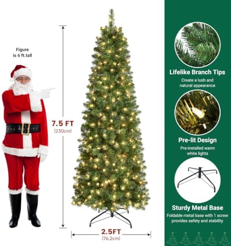 SHareconn Prelit Artificial Pencil Christmas Tree 7.5FT & Warm White Lights