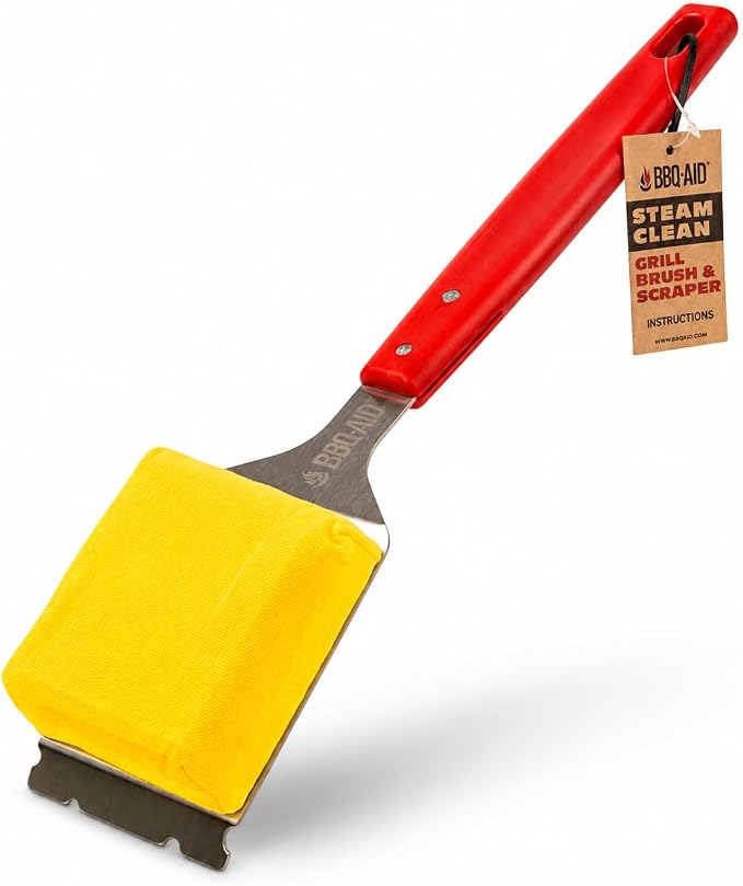 Bristle Free Steam Grill Brush and Scraper for Outdoor Grill, Red | 100% replaceable steam scrub pad, built-in scraper, grill cleaner; no shedding, safe for all grill grates