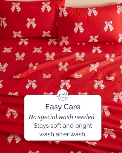 Christmas Sheet Set, Red Ribbon Bows, Holiday Xmas Bedding Set - Split King