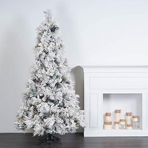 Vickerman 10' x 63" Flocked Atka Pine Slim Artificial Prelit Christmas Tree, Warm White Wide Angle Low Voltage 3mm LED Lights, Snow Covered Faux Tree - Seasonal Indoor Home Decor