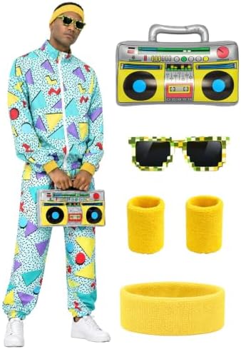 Men's 80s Outfit, Neon Retro Tracksuit for Halloween Party Costume
