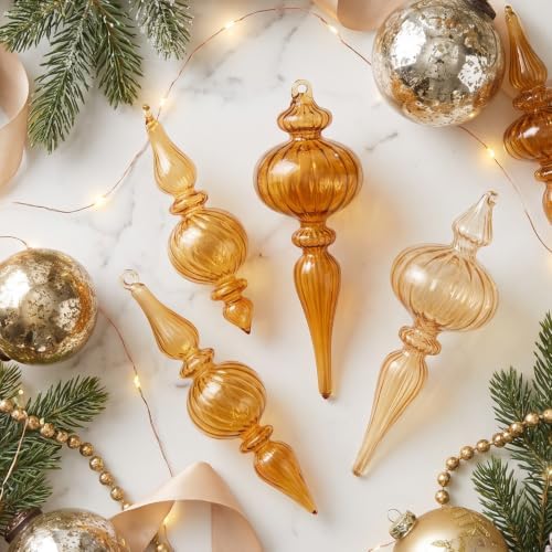 12 Pcs Vintage Glass Finial Christmas Ornaments, Gold