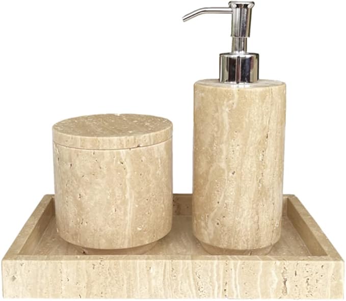 Natural Beige Travertine Refillable Bathroom Liquid Dispenser, Lotions Soap Container (Beige Travertine) (Beige Travertine)