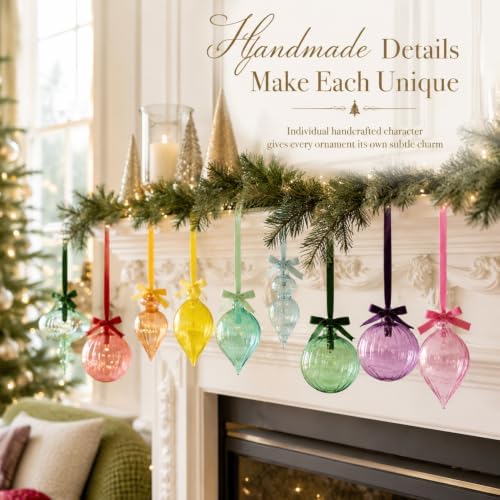 Hungdao 9 Pcs Vintage Colorful Glass Christmas Ornament with Bows, Rainbow