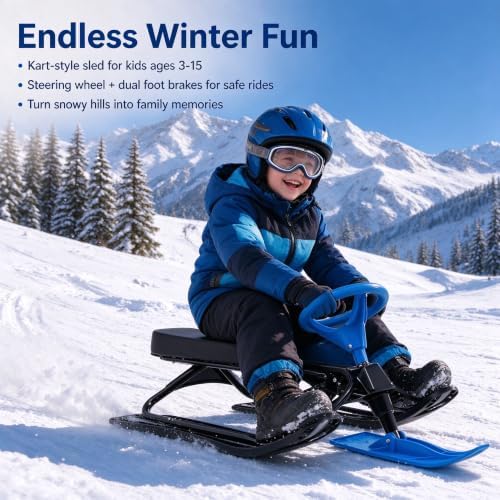 Snow Racer Sled 220.5lb Capacity Ice Skating Equipment, Ski Sled Slider Board for Kids & Adults, Snow Sled for Kids with Flexible Steering Wheel, Two Serrated Brakes, 18" Seat