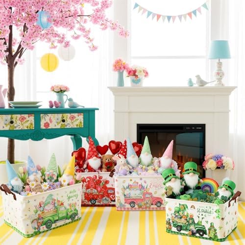 CHENGU 12 Pack Large Holiday Gifts Baskets Empty Collapsible Seasonal Storage Bin St Patricks Day Easter Canvas Laundry Basket Foldable Box with Handle for Home Office Bedroom Clothes Toys