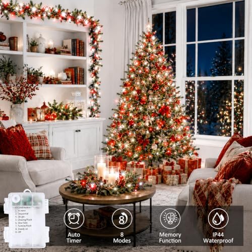 2 Pack 200 LED Battery Operated String Lights, Fairy Lights Red & White