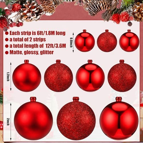 2 Pcs 6 ft Christmas Ball Ornament Garland, Mixed Red