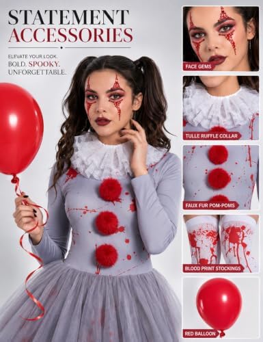 Women Halloween Scary Clown Costume with Bloody Tutu Dress and Face Gems