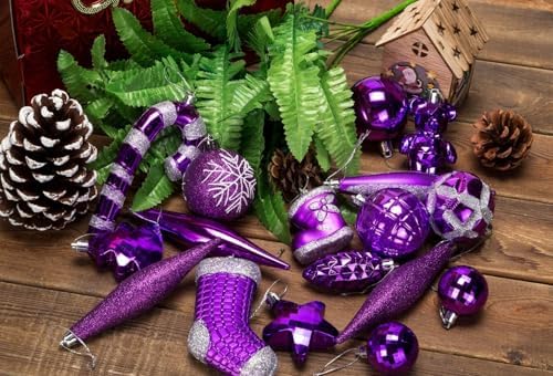 54 Pieces Assorted Christmas Ornaments Tree Decoration Baubles in Gift Box (Purple, Gift Box)