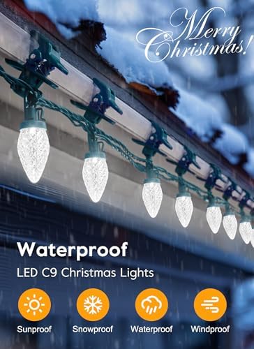 Brightown C9 LED Christmas Lights Outdoor, 68 Feet 100 LED C9 String Lights with 100 Spring Clips, Waterproof Connectable Christmas Tree Lights for Outside Roofline Patio Home Xmas Decor, Pure White