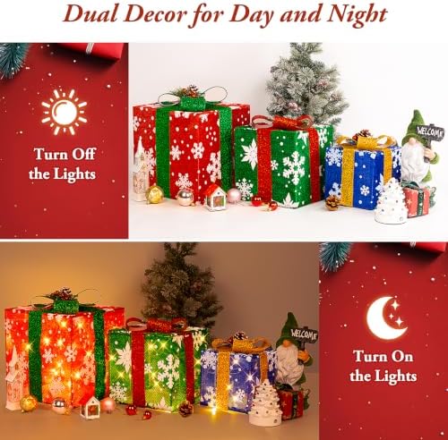 Brightever 12" 10" 8" Set of 3 Light Up Snowflake Boxes for Christmas Decorations - Pre-lit 70 LED Plug-in Present Box in 3 Colors, Retro Holiday Decorations for Xmas Tree, Porch, Lawn