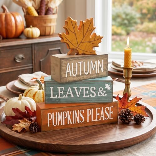 Lineshading 4 Pcs Fall Table Decor, Thanksgiving Wooden Maple Leaf Sign