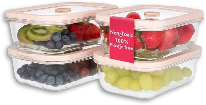 Non-Toxic Glass Food Containers with Lids, 4-Pack, 21 oz, Airtight, Beige | Plastic & BPA free. Glass body, glass lid & platinum silicone seal. Airtight & leakproof. Freezer & microwave safe.