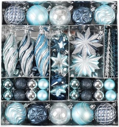 82Pcs Blue and Silver Christmas Ornaments Set, Shatterproof Christmas Decorations for Tree Assorted Plastic Craft Baubles Snowflake Ball Ornaments for Holiday Xmas Party Decor (Blue & Silver)