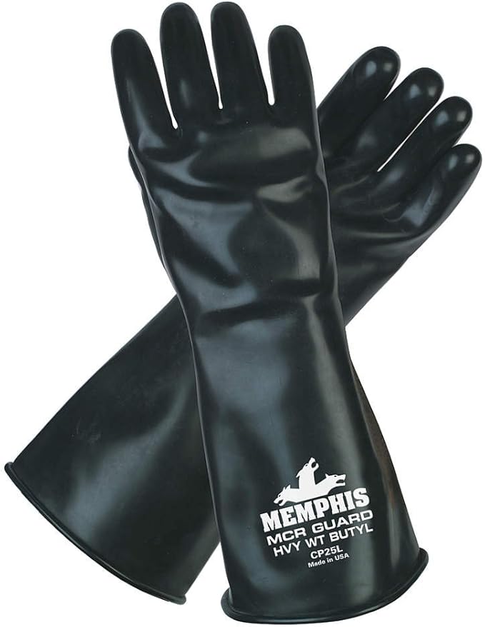 MCR Safety CP25L Butyl Rubber Gloves, 25 Mil Smooth Finish, Gauntlet Rolled Cuff, 14" Length, Large, 1-Pair, Black